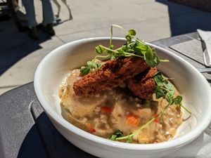 Biscuits and gravy with chicken tenders at The Panacea Restaurant in Wilmington