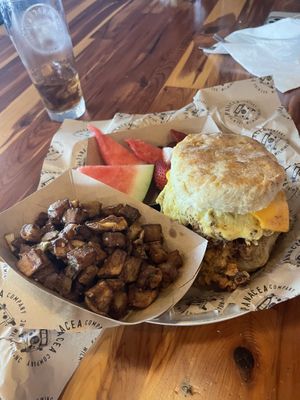 Breakfast platter with mushroom based chicken… surprisingly really good. Potatoes not so much    at The Panacea Restaurant in Wilmington