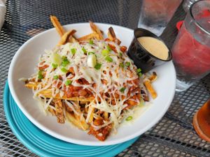 "Chili cheese" fries topped with scallions and a side of tasty dipping sauce. at The Panacea Restaurant in Wilmington