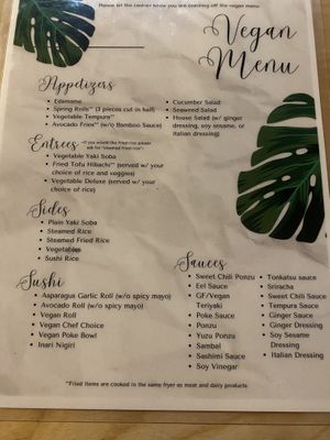 Separate Vegan Menu!   at Bamboo Sushi & Hibachi in Niceville