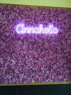 Photo backdrop for special occasion, like just getting this treat. It's photo worthy, it's that good at Cinnaholic in Schaumburg