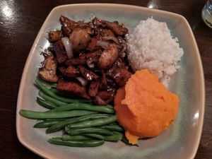 Seitan marsala with rice, mashed sweet potatoes, and green beans (vegan) at Blind Faith Cafe in Evanston