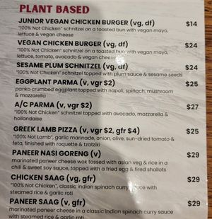 Plant-based section of the menu at Rafferty's Tavern in Warrnambool