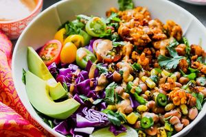Southwest Chipotle Salad (V, GF)  Tempeh, pinto beans, corn, cilantro, avocado, sundried tomatoes, red cabbage, romaine hearts, chipotle tahini at Rejoice in Geneva