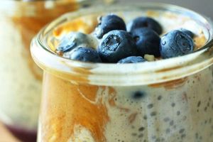 Nut Butter & Jelly Chia Pudding (V, DF, GF)  Milk free, chia pudding with homemade blueberry compote and nut butter. at Rejoice in Geneva