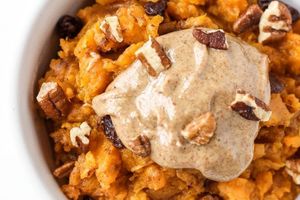 Sweet Potato Breakfast Bowl (V, DF, GF)  A seasonal item. A tasty mix of roasted and mashed sweet potatoes, nuts, raisins, and almond butter. at Rejoice in Geneva