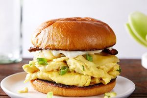 Impossible "Egg" Sandwich (V, DF, GF)  Gluten free bread/bun with plant based eggs and cheesy deliciousness. at Rejoice in Geneva