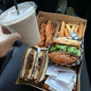 Patty melt, Malibu burger, "chicken" tenders, fries, and a cookies and cream milkshake ❤️ at Malibu's Burgers in Oakland