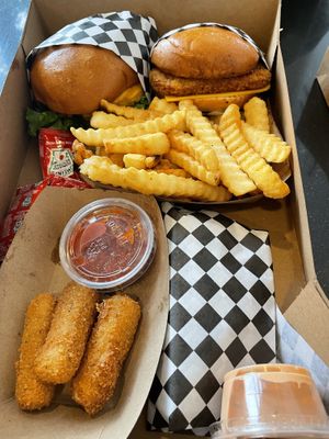 Impossible burger fries empanada and mozzarella sticks  at Malibu's Burgers in Oakland