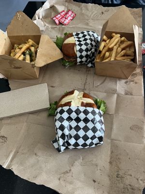 Stadium fries and regular fries and needy meaty burgers   at Malibu's Burgers in Oakland