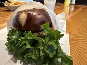 Burger on pretzel bun  at Malibu's Burgers in Oakland