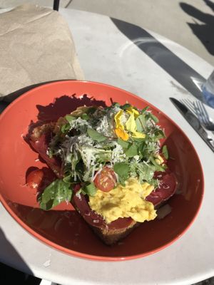 Seitan Prosciutto Sramble with housemade focaccia bread - amazing at Lulu Green in Boston