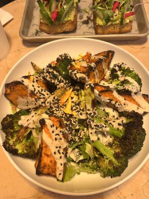 Caeser salad with roasted broccoli and sweet potatoes   at Lulu Green in Boston