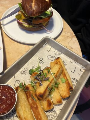 Burger and fries  at Lulu Green in Boston