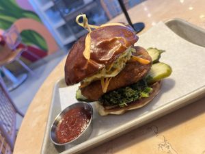 Hot honey, ranch crispy chick’n sandwich (missing Zd’atar Oven fries?)  at Lulu Green in Boston