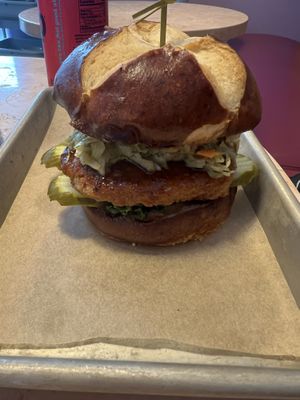 Honey glazed chicken on a pretzel bun  at Lulu Green in Boston