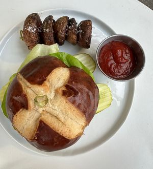 Lulu burger with potatoess  at Lulu Green in Boston