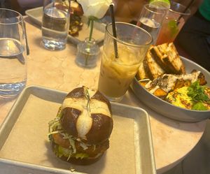 Hot honey crispy chick’n sandwich, cleopatra latte, etc  at Lulu Green in Boston