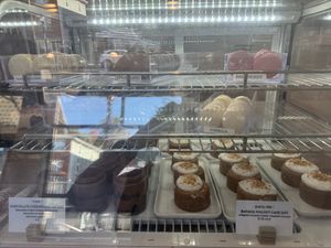 Pastry case with macarons et al  at Lulu Green in Boston