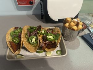 Seitan Al Pastor Tacos and Yuca Fries  at Lulu Green in Boston