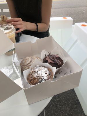 Orange cinnamon bun, Turkish coffee cherry muffin, lemons blueberry streusel muffin at Lulu Green in Boston