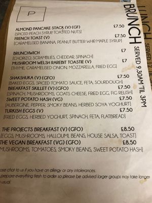 Brunch menu at Projects in Winchester