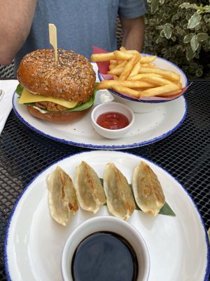 Dumplings and veggie burger   at Wulf & Lamb Marylebone in London