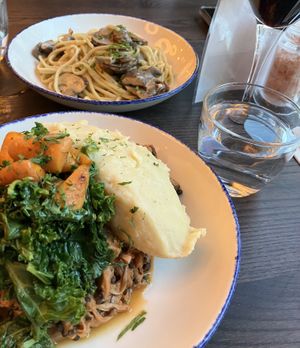 Shepherds pie and mushroom pasta    at Wulf & Lamb Marylebone in London