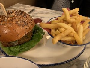 Burger and fries, but better than most junkfood places  at Wulf & Lamb Marylebone in London