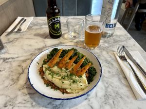 Wulf Pie, London Pale Ale, Large bottle of sparkling water   at Wulf & Lamb Marylebone in London