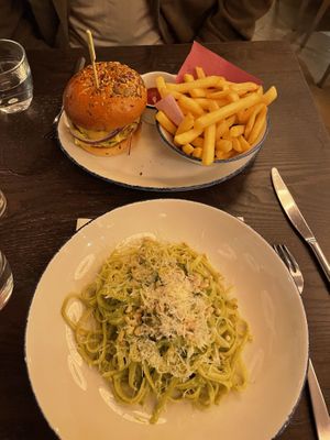 Burger and pesto pasta  at Wulf & Lamb Marylebone in London