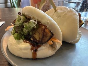 Miso aubergine bao buns  at Wulf & Lamb Marylebone in London