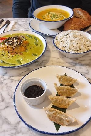 Wulf soup (potato, carrot, courgette, onion, mushroom) + Green coconut curry with jasmine rice + Spicy gyoza at Wulf & Lamb Marylebone in London