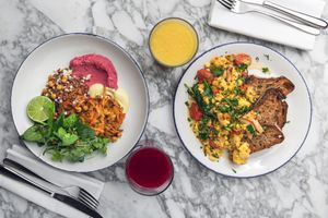 Sweet Potato & Zucchini Fritter and Morning Scramble at Wulf & Lamb Marylebone in London