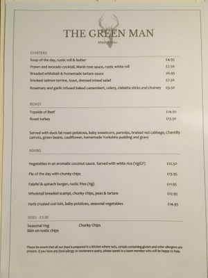 Main menu at The Green Man in Sturminster Newton