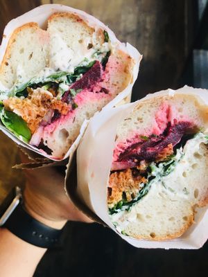 Roast, beetroot, spinach & cultured cashew cream cheese made in house. at Zilch Bakery & Deli in Glasgow