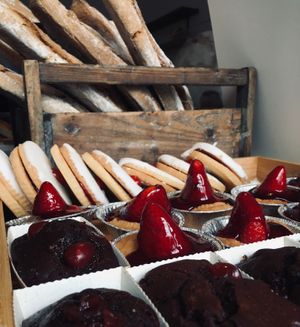 Strawberry tarts and chocolate cherry brownies  at Zilch Bakery & Deli in Glasgow