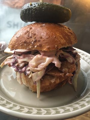 Pulled BBQ pork and southern slaw on a pretzel bun. at Zilch Bakery & Deli in Glasgow