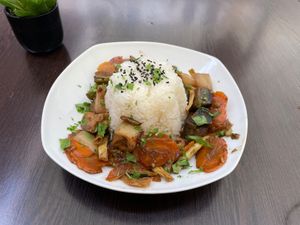 Daily menu - grilled veggies and Tofu with rice  at Vegan Loving Hut Neubau in Vienna