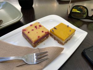 Mango lime & passion fruit raspberry cakes  at Vegan Loving Hut Neubau in Vienna