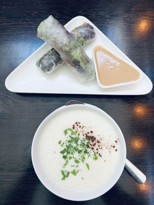 Rolls and potatoes soup  at Vegan Loving Hut Neubau in Vienna