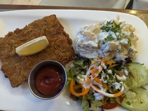 Wiener schnitzel with mayo potatosalad at Vegan Loving Hut Neubau in Vienna