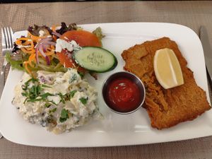 Vegan Schnitzel with potato salad at Vegan Loving Hut Neubau in Vienna