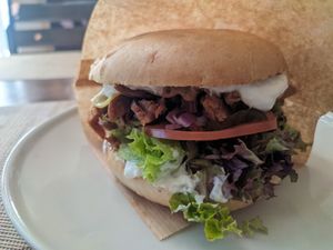 Spezial BBQ burger at Vegan Loving Hut Neubau in Vienna