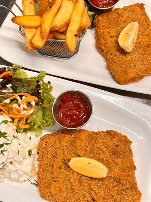 vegan Wiener Schnitzel with homemade Mayo-Potato salad or french fries at Vegan Loving Hut Neubau in Vienna