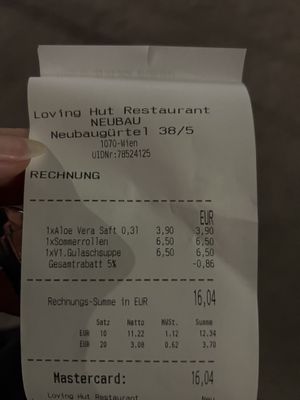 bill (-5% due to v-card)  at Vegan Loving Hut Neubau in Vienna