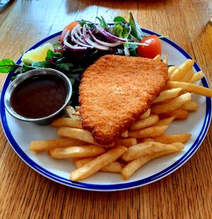 Walnut schnitzel and vegan gravy. at Seabreeze Hotel in Nelson Bay