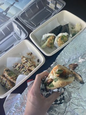 Spicy tuna chickpea handrolls, beef teriyaki banhmi and jalapeño tempura poppers  at Naughty Panda in Santa Ana