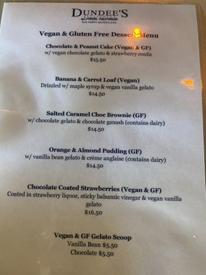 Seperate vegan menu and desserts menu  at Dundee's in Cairns