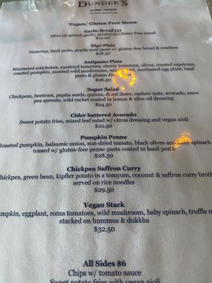 Vegan menu at Dundee's in Cairns